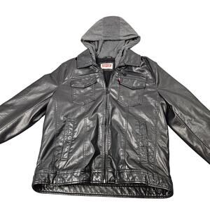 Levis Faux Leather Jacket XL Black Hooded Bomber Zip Up Sherpa Lined